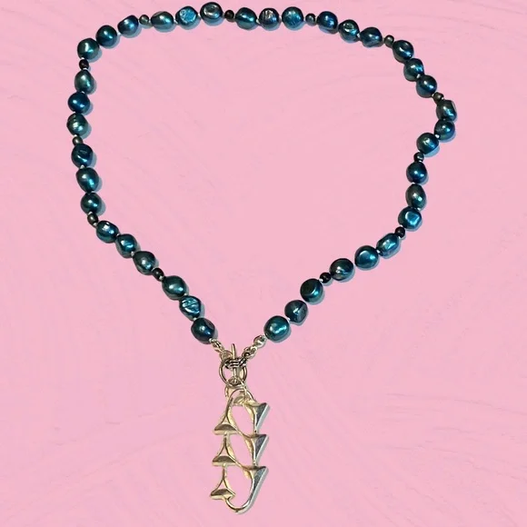 Hand Crafted Pearl Necklace Green Cultured Freshwater Black Silver Real Vintage - Picture 5 of 5